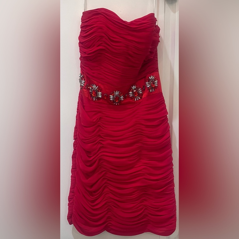Terani Couture Red Ruched Prom Gown with Jeweled Waistband